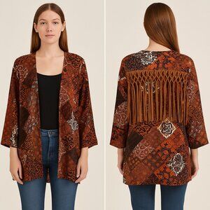 Earthbound Trading Multicolor Open Front BoHo Braided Fringed Kimono Womens M